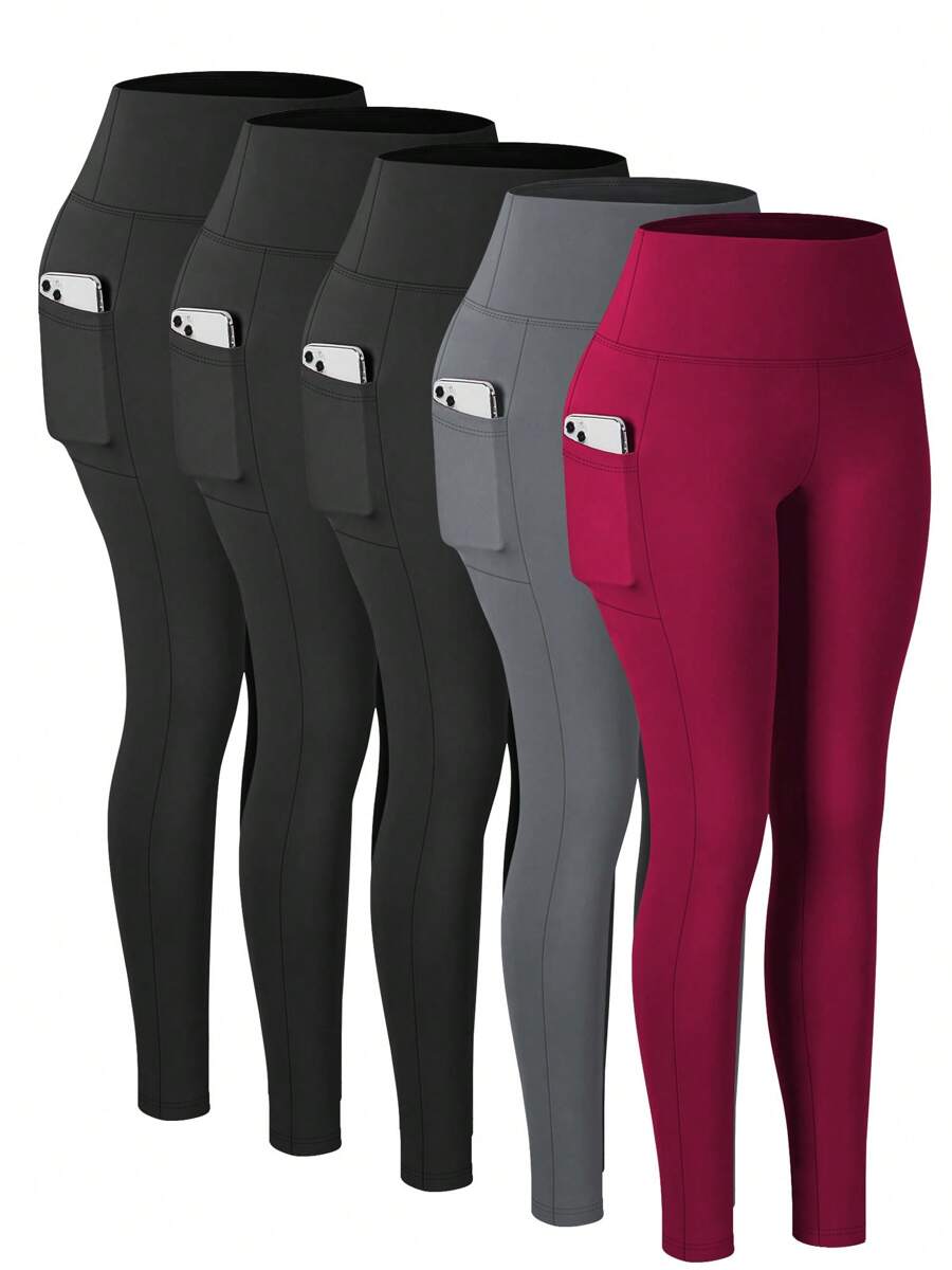 5pcs Pink Women Legging With Pocket Full Stretch High Waist Tummy Control Workout Yoga Pants