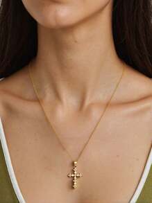 1入時尚簡約閃亮鋯石十字項鏈女士精美不銹鋼鎖骨鏈珠寶,派對生日禮物 - 金黃色 - 查看 4