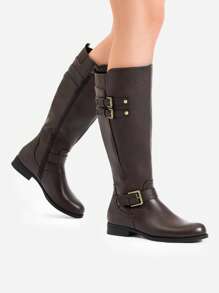 Women's Knee-High Boots, Comfortable Chunky Block Heel Pointed Toe Pull On Side Zipper Suede Slouch Riding Boots - Brown - View 10