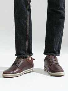 SHOESMALL Men's Leather Fashion Sneakers Classic Casual Darkbrown Shoes Retro Dress Sneakers For Men - AMY5122-深棕色 - 查看 2
