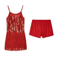 LONTAKIDS Girls Sequin Fringe Party Dress Fringe Flapper Dress Salsa Cha Cha Tassel Latin 2Pcs Dance Dress & Shorts Adjustable Spaghetti Strap 5-13 Yrs - 紅色 - 查看 7