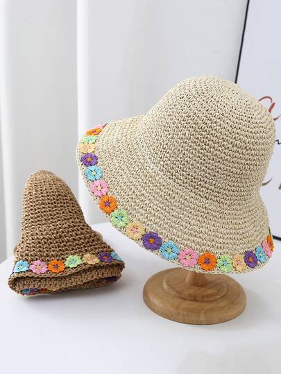 1顶女士纯色花卉图案渔夫帽，时尚百搭简约透气，适合户外、度假和日常佩戴。