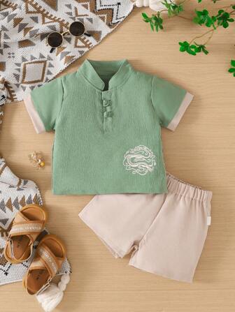 2 stuks Babyjongen Modieus Casual Korte Mouw Shirt en Shorts Traditionele Chinese Stijl Set