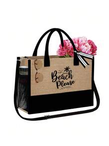 女士沙滩主题手提包套装，饰有艺术感十足的“沙滩沙滩”字样和棕榈树印花，包含1个大容量手提包和2个化妆包。 - 卡其色 - 查看 11