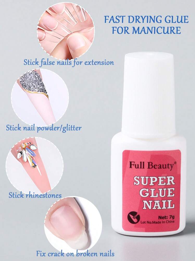 7g Super Sticky Nail Glue With Brush, Fast Drying Gel Adhesive, Suitable For Fake Nails, Acrylic Nails, Press-On Nails And Decorative False Nails, Long-Lasting Bonding, Ideal For Mini Crystal Nail Art Decoration. - White - View 6