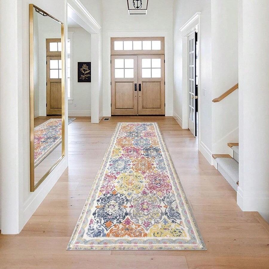 Flur Teppich Läufer, 75 x 243 cm Langer Vintage Boho Küchenläufer, Hochwertig rutschfest Eingangstürmatte, Waschbar Flauschig Weich Teppich Läufer für Waschküche Eingang Wohnzimmer, Bunte - 1 - Übersicht 1