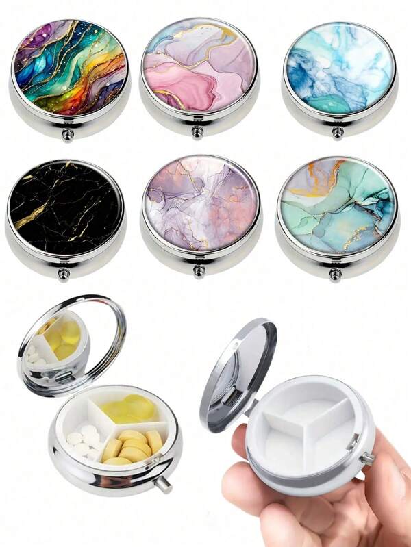 1 pieza Caja de píldoras con patrón de mármol con 3 compartimentos, estuche de píldoras mini, soporte de píldoras para billetera, caja de píldoras portátil de bolsillo para viajes - regalo único