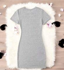 Women's Straight Dress With Embroidered Flower Creeper Design - Grey - View 2