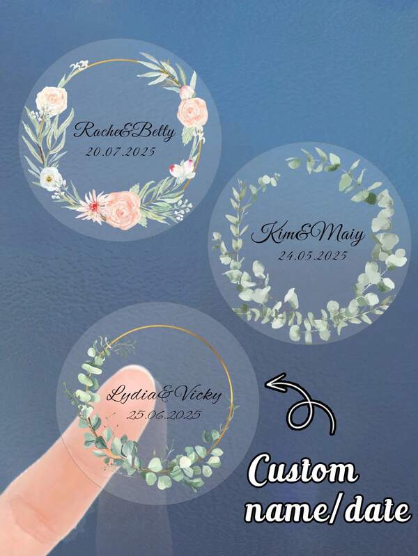 54-540Pcs Clear Personalized Wedding Tags, Custom Circle Wedding Gift Stickers, Green Leaf Design, Personalized Name And Date Stickers, Custom Transparent PVC Waterproof Circle Personalized Gift Stickers, Ornamental, Stylish, Adorable, Colorful, Customized, Unique And Ideal Gifts For Her, Friends, Sons, Daughters, Students, Workers, Kids, School, Home, Office, 4x4cm, Stickers For Water Bottles, For Storage Boxes