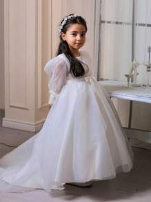 Tween Girls' Solid Color Lace Elegant Party Gown Dress With Train, Suitable For Prom, Banquet, Not Including Hair Accessories - White - View 8