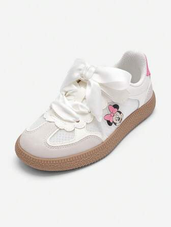 Balabala Girls' Cute Disney Sneakers –Lace-Up Casual Shoes With Bowknot & Scalloped Design, Breathable Mesh Non-Slip Rubber Sole Comfortable Walking Shoes For Kids & Toddlers