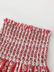 Strapless Dress For Women Ruffled Trim Flower Plant Pattern Sleeveless Tube Smocked Long Dress - Orange - View 6