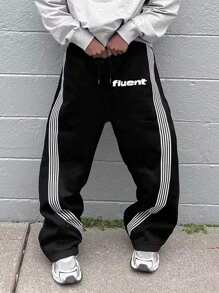 男士多季节正面撞色条纹字母图案舒适运动裤，狂野风