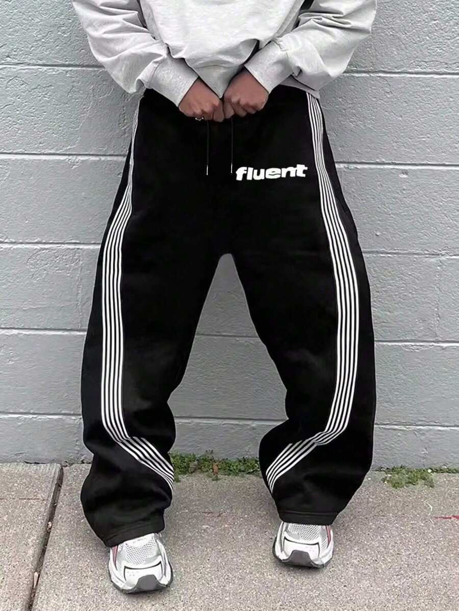 男士多季节正面撞色条纹字母图案舒适运动裤，狂野风