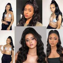 Extensiones de cola de caballo con cordón y clip para cabello humano, para mujeres, rizado, ondulado, grueso, aspecto natural, liso y rizado. - Natural Black - Ver 9