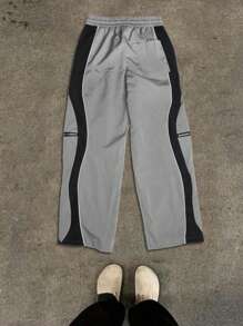 Contrast Color Patchwork Retro American Cargo Pants, Loose Casual Relaxed Wide Leg Trousers - Grey - View 6