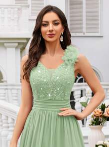 MIUSOL Sequin Floral Lace Sweetheart Neck Sleeveless Ruffle Chiffon Slit Maxi Formal Party Dress, Formal Evening Gown, Suitable For Wedding Guest, Graduation Ceremony, Gala And Other Occasions