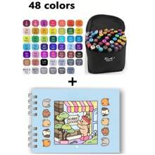 Coloring Book Kit Hardcover 50 Pages + 24/36/48/60/80/120 Color Touch Highlighter Coloring Pens - Azul-48cores - Xem 1