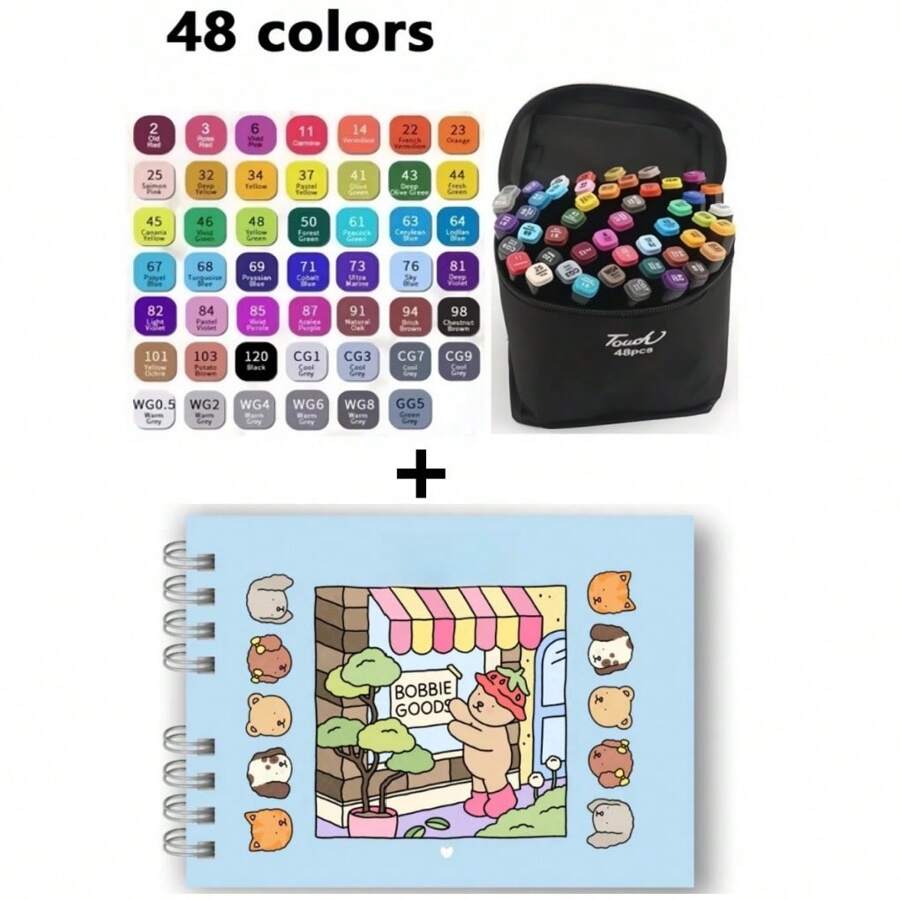 Coloring Book Kit Hardcover 50 Pages + 24/36/48/60/80/120 Color Touch Highlighter Coloring Pens - Azul-48cores - Xem 1