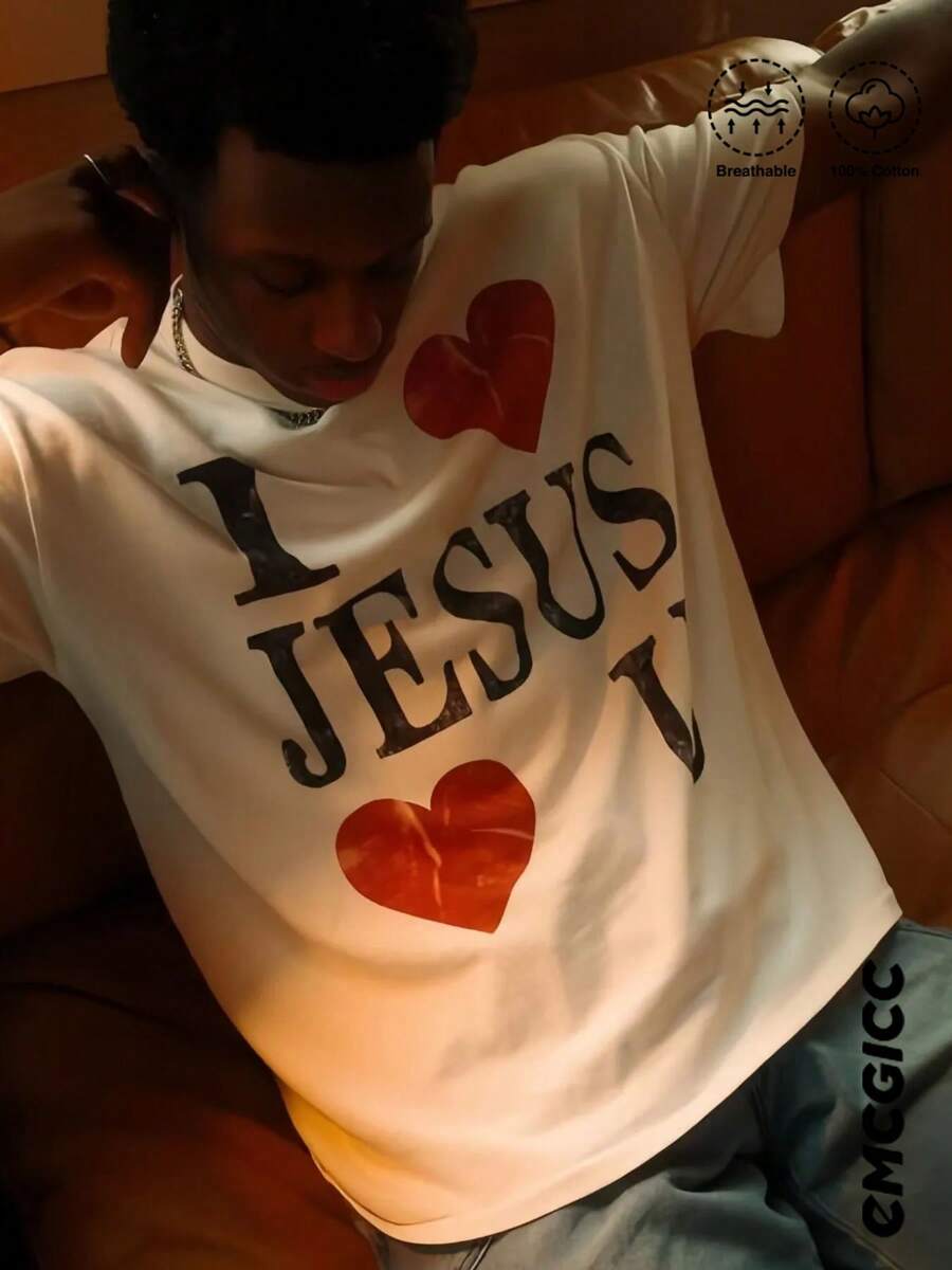 Y2K, I JESUS U,My Love ...Fashionable Cotton Men's T-Shirt, Multi-Color Optional, Surprise Gift For Friends And Family, Christmas Drop Shoulder Sleeves Round Neck - 杏色 - 查看 1