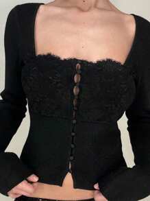 Modisches, elegantes Damenshirt mit quadratischem Ausschnitt und Knöpfen, Crop Langarm Top - Schwarz - Übersicht 4