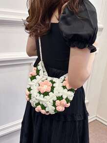 [Producto Terminado] Bolso bandolera pequeño con parches de flores esponjosas a doble cara, monedero dulce hecho a mano de ganchillo y tejido, para teléfono y monedas, accesorios