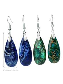 Brincos pendurados em formato de gota vintage, decoração de pedra natural, estilo boêmio retrô, enfeites de orelha para feriados, gradiente de cor, azul e verde