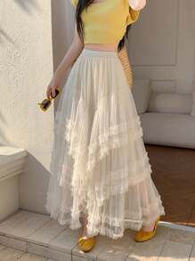 Multilayered Mesh Holiday Casual High-End Puff Skirt - Apricot - View 1