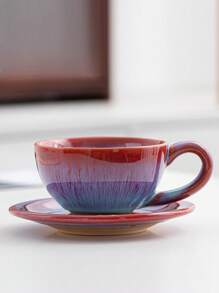 1pc 170ml Ceramic Coffee Cup & Saucer Set, Reactive Glaze Creative European Style Coffee Mug, Vintage Latte, Espresso, Breakfast Cup Back To School