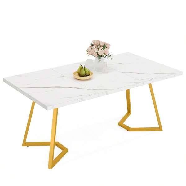 Moderner goldener Computertisch: 140 cm weißer und goldener Home-Office-Schreibtisch mit Metallbeinen, Schreibtisch aus Kunstmarmor für kleine Räume, schlichter Schreibtisch fürs Schlafzimmer