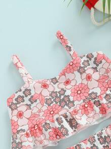 Traje de baño de bikini para niña, sin mangas, con hombros descubiertos, chaleco corto, para playa, piscina, pantalones cortos con volantes, traje de baño - Rosa intenso - Ver 5