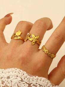 3 Stücke/Set modische Rose & Gänseblümchen strukturierte Edelstahlringe, vielseitiges Schmuckset für Damen, tolles Geschenk für Freunde