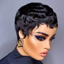 150% Density Remy Human Hair Short Pixie Cut Wig With Bangs Full Machine Made Layered Straight Style Perfect For Daily Wear & Summer Black Color