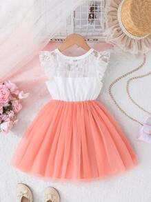 Girls Round Neck Cap Sleeve Elegant Lace & Gauze Dress, Comfortable Fabric, New Summer Collection - Pink - View 3