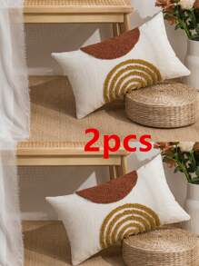 1件/2件套半圆形几何黑色和咖啡色图案抱枕套，帆布和天鹅绒刺绣方形靠垫套，适用于卧室、客厅、沙发、花园装饰，30*50厘米、45*45厘米、50*50厘米（不含枕芯） - 棕色 - 查看 21