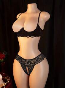 女士性感黑色半透明蕾丝拼布开裆内裤 - 黑色 - 查看 4