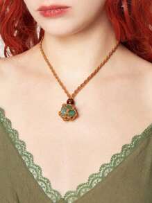 可调节天然黑水晶石串珠项链，石网编织毛衣链 - 棕色 - 查看 1