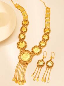 3 件时尚优质项链耳环套装铜镀金玫瑰花朵图案硬币链首饰套装适合女性婚礼首饰节日礼物