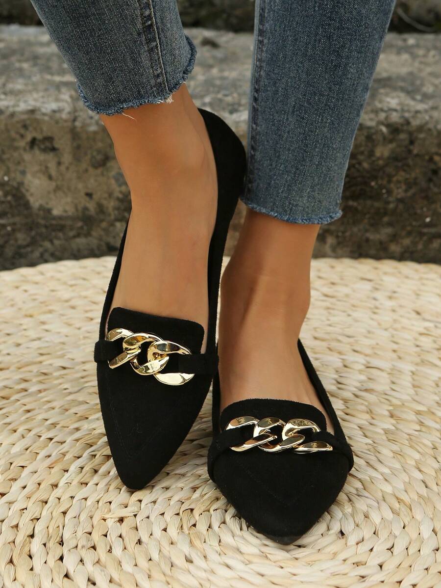 Women Pointed Toe Metal Decor Comfortable Daily Wear Flat Shoes, Elegant For Office And Commute, Autumn Colors - màu đen - Xem 1