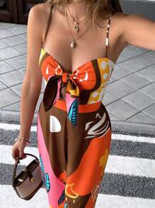 Femmes Été Mode Sexy Combinaison à Bretelles Spaghetti avec Nœud à l'avant Imprimé Floral, Pantalon Jambe Large Convient pour Vacances Loisirs, Déplacements Quotidiens, Plage Voyage - orange - Voir 7