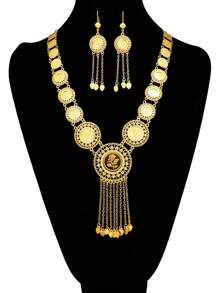 3 件时尚优质项链耳环套装铜镀金玫瑰花朵图案硬币链首饰套装适合女性婚礼首饰节日礼物