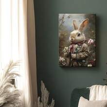 1pc Framed Wall Art, Wrapped Canvas Poster Vintage Prints, Easter Day, A White Rabbit In A Floral Suit, Home Living Room Bedroom Ofice Wall Decor, Birthday Party Decor, Hanging Hardware Included - Framed, Vertical