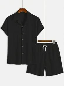 GOLDREDY Men's Fashion Classic Solid Color Textured Knit Cardigan, Suitable For Casual, Commuting, Street Style, Summer New Short Sleeve Two Pieces Set - Black - View 3