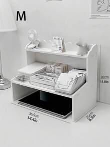 1 pieza Estantería vertical de escritorio de madera blanca y plástico, organizador de mesa para dormitorio, sala de estar, oficina y dormitorio para libros, papelería, figuras, computadoras y otros artículos