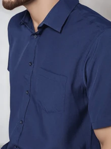 Rand paul Men's Slim Fit Short Sleeve Plain Dress Shirt With Pocket - 藏蓝色 - 查看 5