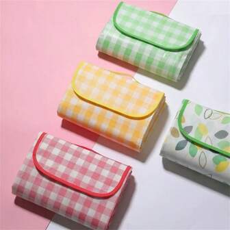 Foldable Waterproof Picnic Mat - Green & White Plaid Outdoor Blanket, Stain Resistant, Easy Carry Handle, Suitable For Camping, Beach, Spring Outings, Ground Cover | Foldable Outdoor Mat