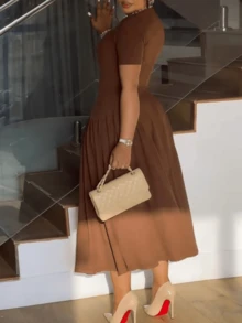 Women Plus Size Elegant Strapless Ruched Cinched Waist Long Dress - Dark Brown - View 6