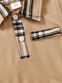 2pcs/Set Young Boy Plaid Collar Splice T-Shirt & Elastic Waist Casual Shorts Spring/Summer