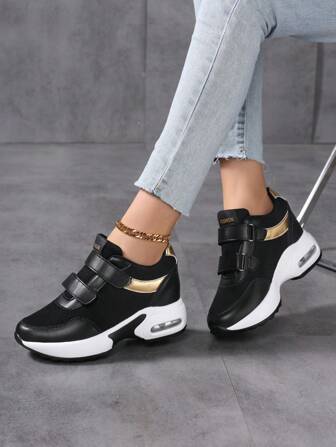 Women's Casual Sneakers, 7cm Hidden Wedge Heel, Air Cushion Shock Absorbing Comfort, Mesh Breathable Upper, Hook & Loop Closure, Ladies Shoes