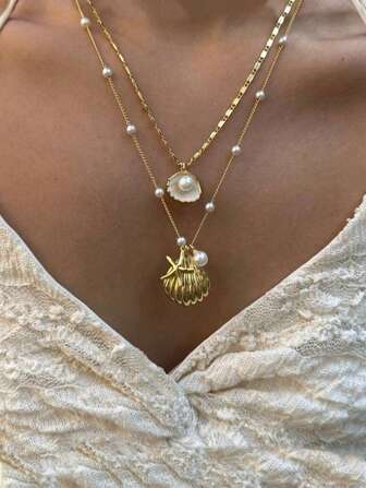 2pcs Seashell Necklaces, Mermaid Pearl Necklaces, Vintage Beach Style Inspired French Necklaces (Random Pearl Quantity)